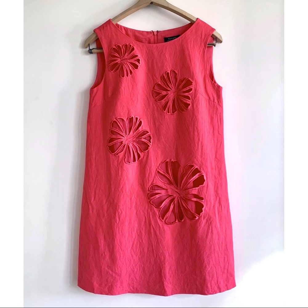 Tahari Linen dress | red Laser Cut Floral Sheath Dress red sundress mini dress